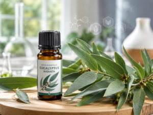 Flacon d'huile essentielle d'Eucalyptus radiata posé à côté de feuilles d'eucalyptus fraîches
