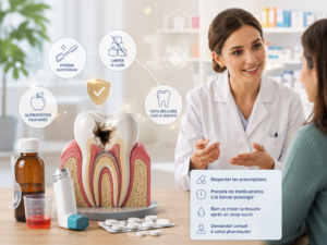 Illustration médicaments (sirop, comprimés, inhalateur) et dent avec carie, conseils pharmacien