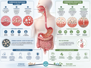 Schéma illustrant le mécanisme de la candidose buccale et digestive