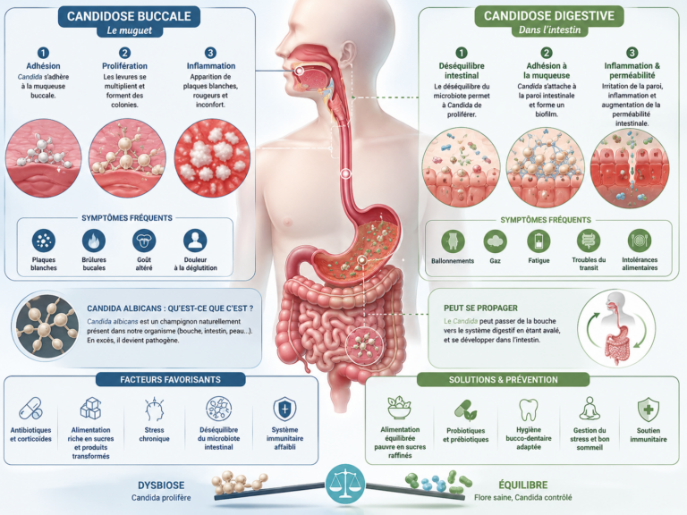 Schéma illustrant le mécanisme de la candidose buccale et digestive