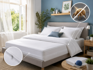 Chambre à coucher aérée avec literie anti-acariens et housse de matelas