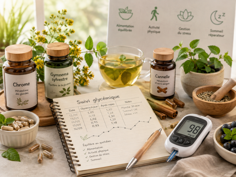 Compléments alimentaires et plantes médicinales autour d'un carnet de suivi glycémique, symbolisant l'accompagnement naturel du diabÚte