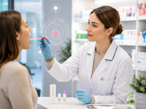 Pharmacien réalisant un TROD angine en officine — test rapide de diagnostic à la gorge