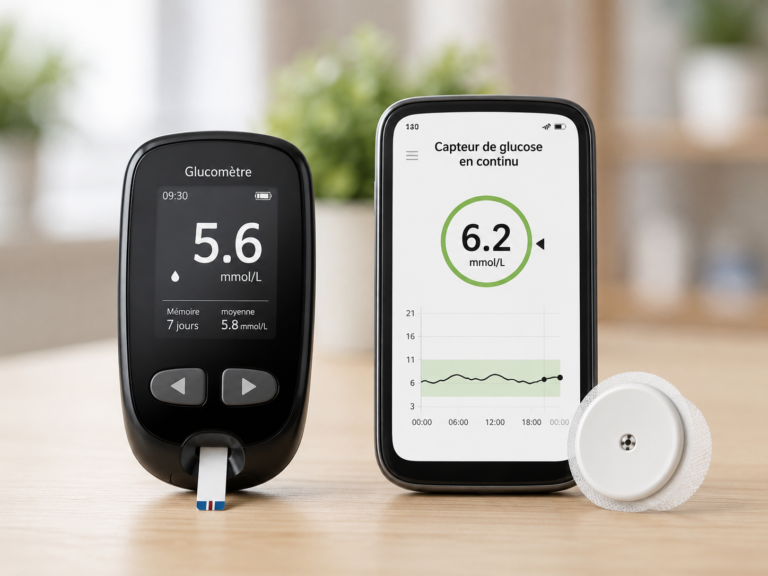 Glucomètre capillaire et capteur de glucose en continu côte à côte