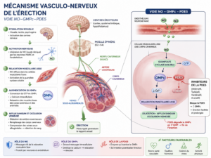Schéma du mécanisme vasculo-nerveux de l'érection avec voie NO-GMPc-PDE5