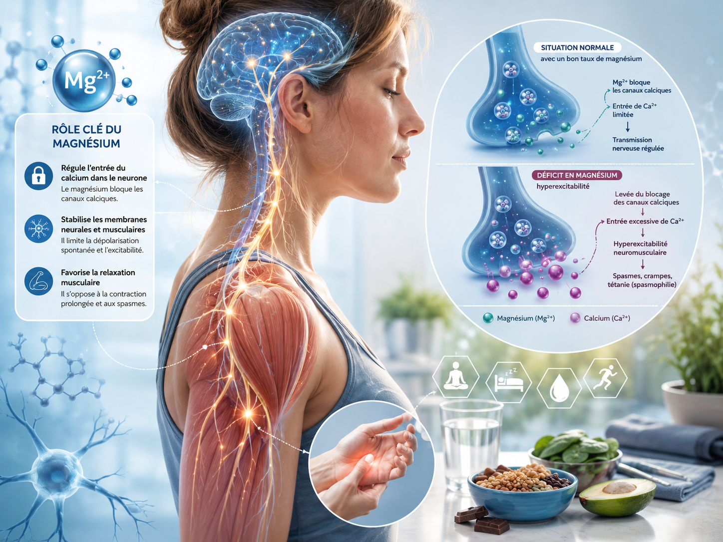 Schéma illustrant le rôle du magnésium dans l'hyperexcitabilité neuromusculaire de la spasmophilie