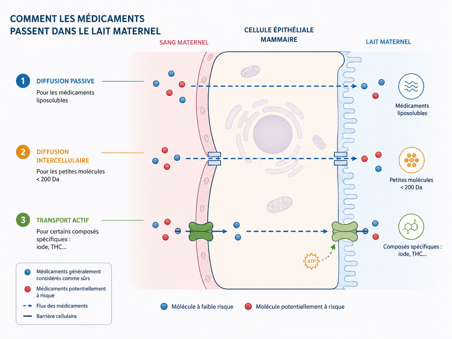 Schéma : passage des médicaments dans le lait maternel