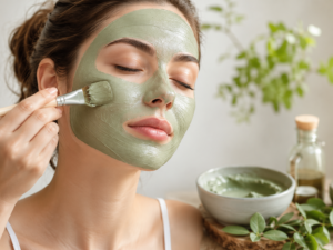 Masque à l'argile verte appliqué au pinceau sur le visage, texture onctueuse