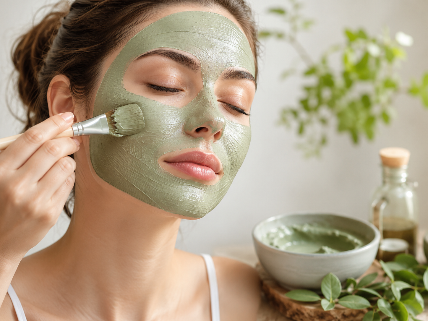 Masque à l'argile verte appliqué au pinceau sur le visage, texture onctueuse