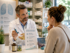 Pharmacien conseillant un patient asthmatique sur les approches complémentaires en officine