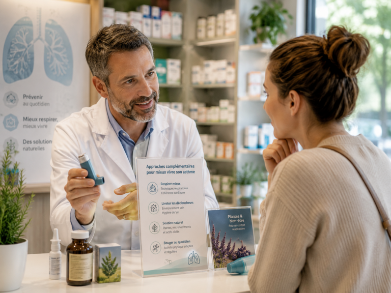Pharmacien conseillant un patient asthmatique sur les approches complémentaires en officine