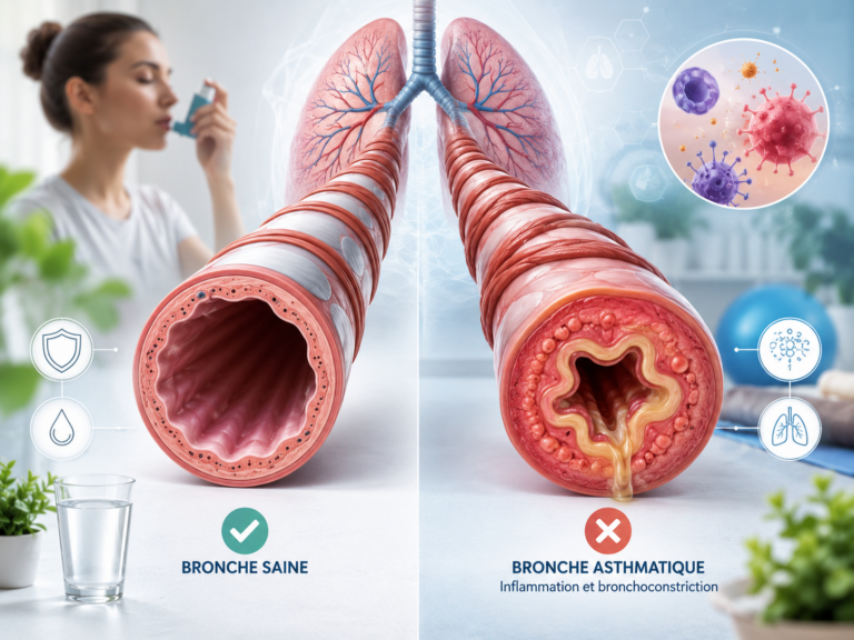 Schéma illustrant une bronche asthmatique inflammée avec bronchoconstriction, comparée à une bronche saine