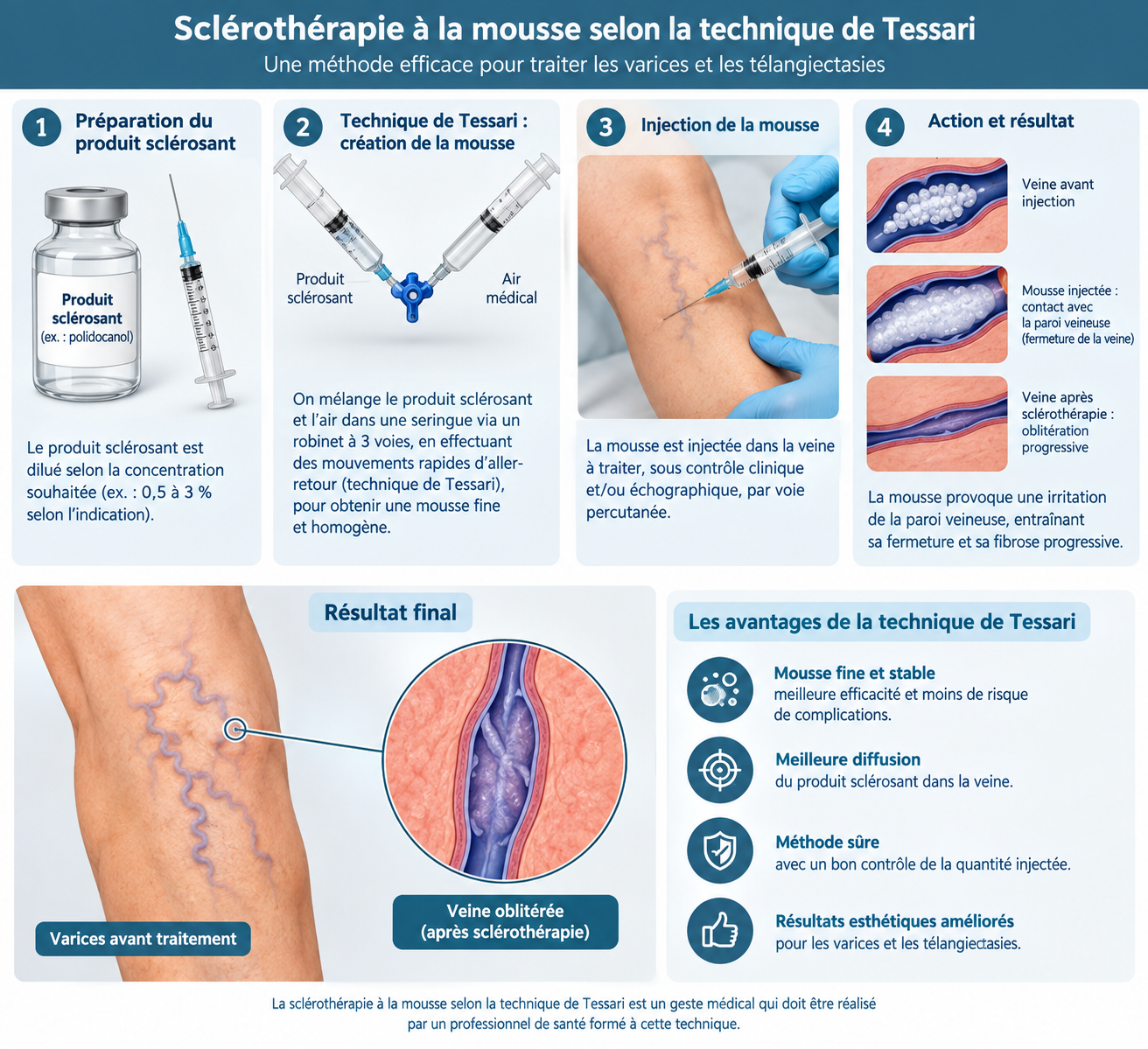 Schéma de la sclérothérapie à la mousse selon la technique de Tessari
