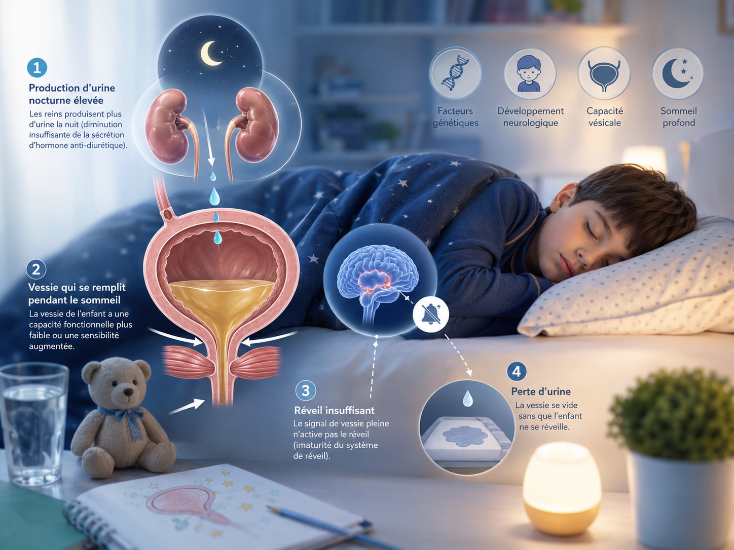 Schéma du mécanisme de l'énurésie nocturne chez l'enfant