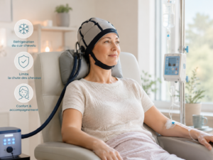 Patiente sous chimiothérapie portant un casque réfrigérant pour limiter la chute des cheveux