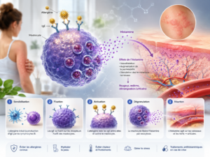 Schéma du mécanisme de libération d'histamine par les mastocytes dans l'urticaire