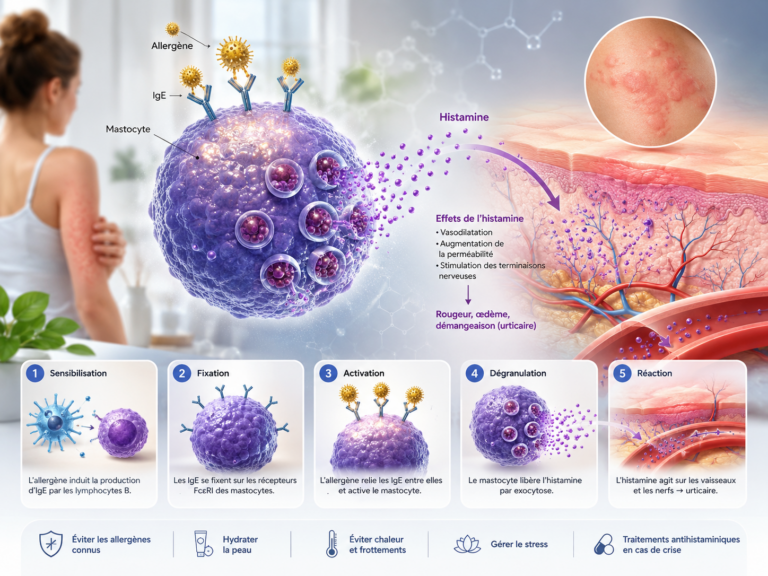 Schéma du mécanisme de libération d'histamine par les mastocytes dans l'urticaire