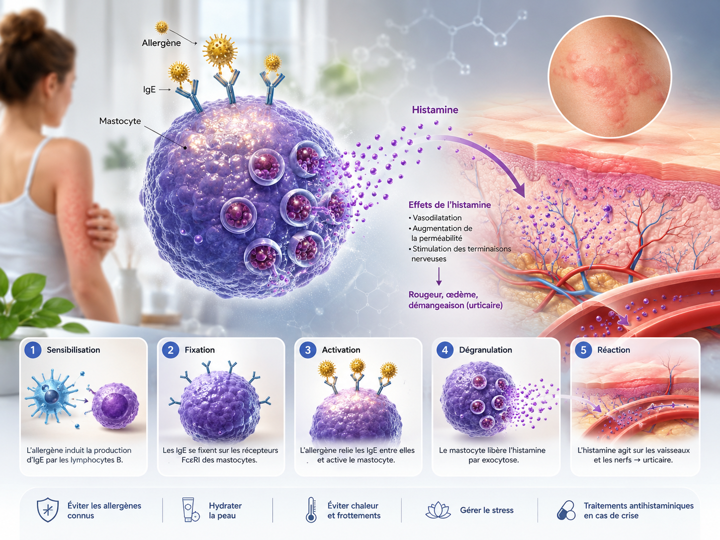 Schéma du mécanisme de libération d'histamine par les mastocytes dans l'urticaire