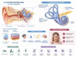 Schéma du système vestibulaire de l'oreille interne à l'origine de l'équilibre et des vertiges