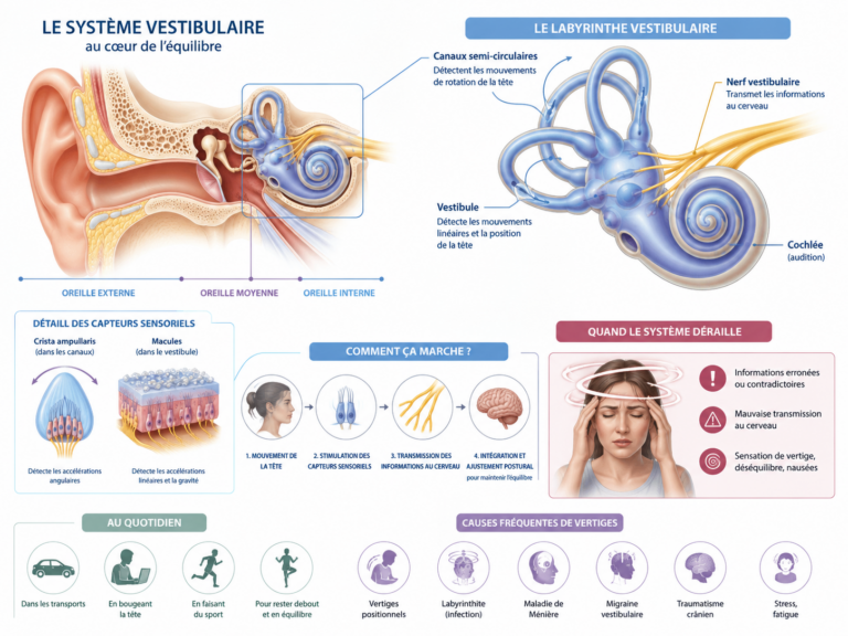 Schéma du système vestibulaire de l'oreille interne à l'origine de l'équilibre et des vertiges