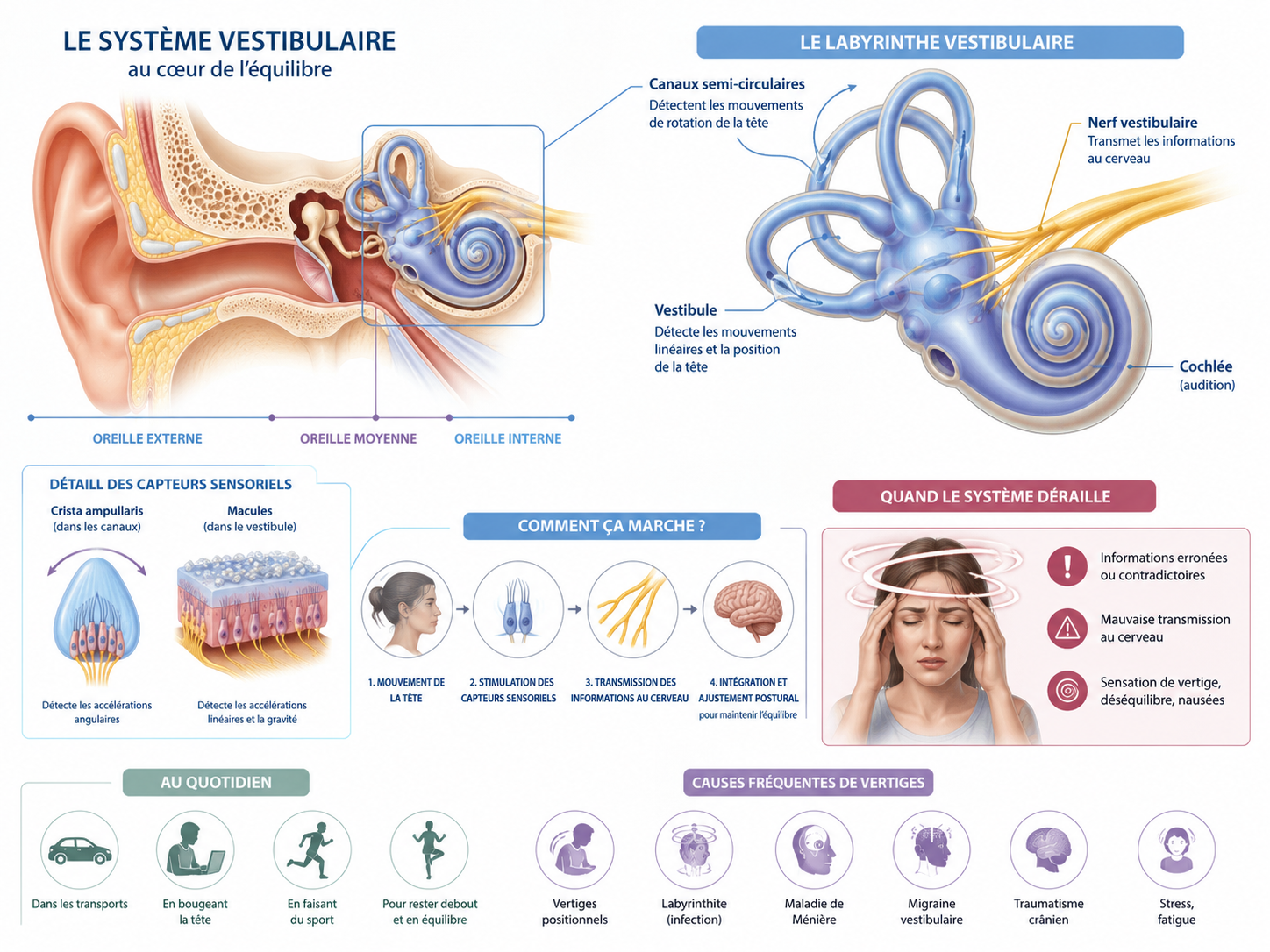 Schéma du système vestibulaire de l'oreille interne à l'origine de l'équilibre et des vertiges
