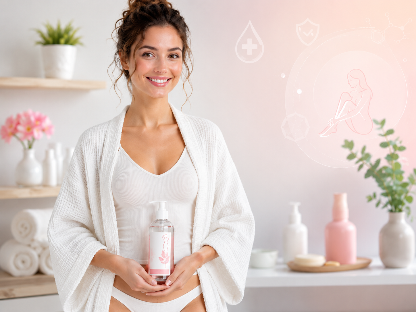 Femme souriante tenant un flacon de gel d'hygiène intime, illustration douce sur fond pastel