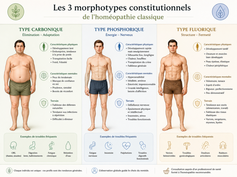 Illustration schématique des trois morphotypes constitutionnels de l'homéopathie classique (carbonique, phosphorique, fluorique)