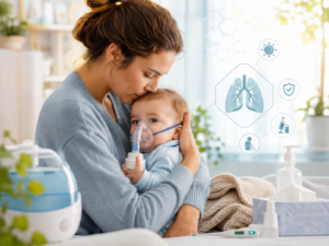 Parent réconfortant un nourrisson pendant un épisode de bronchiolite, prévention VRS
