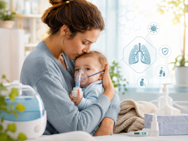 Parent réconfortant un nourrisson pendant un épisode de bronchiolite, prévention VRS