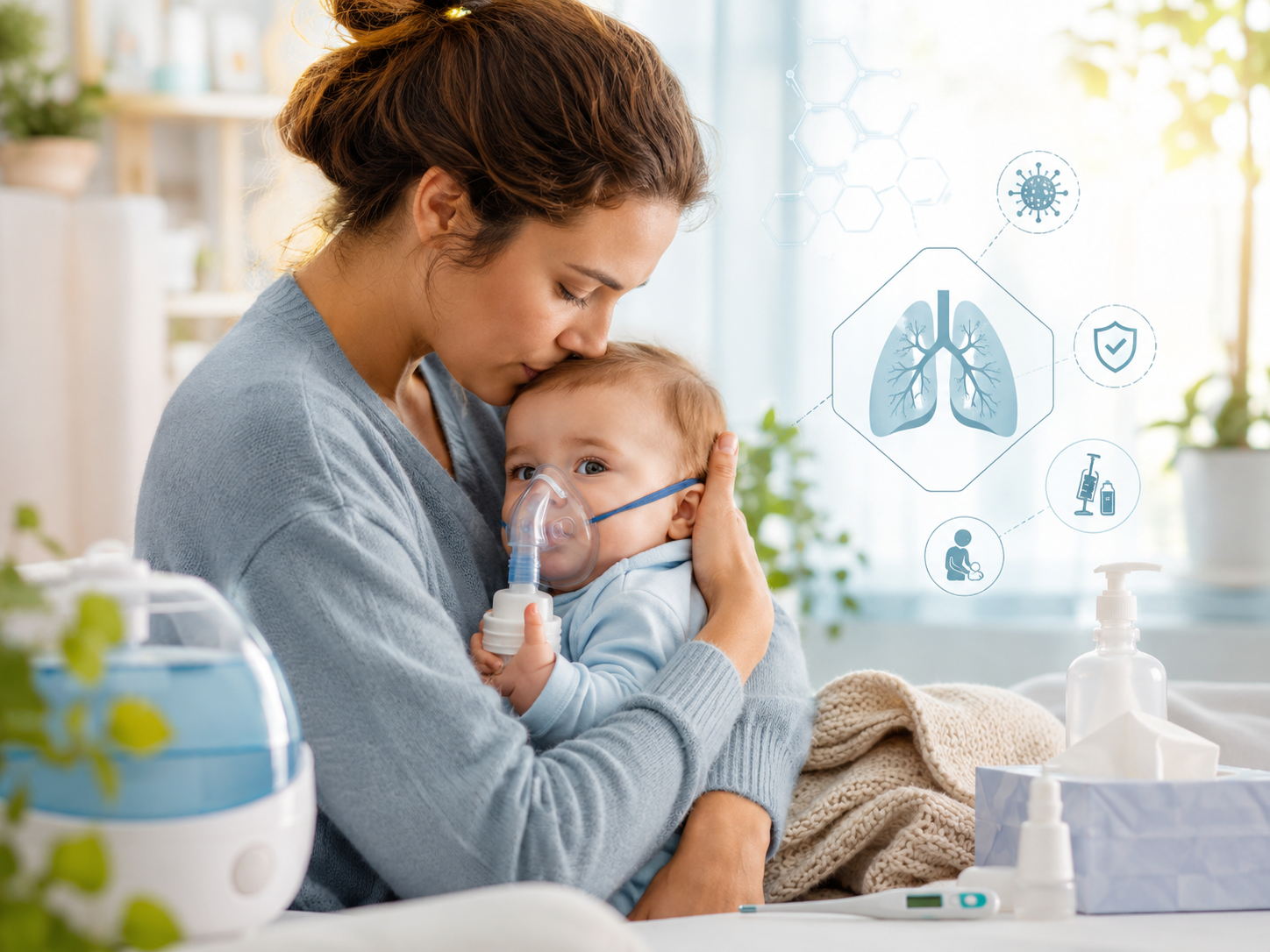 Parent réconfortant un nourrisson pendant un épisode de bronchiolite, prévention VRS