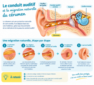 Schéma du conduit auditif et de la migration naturelle du cérumen