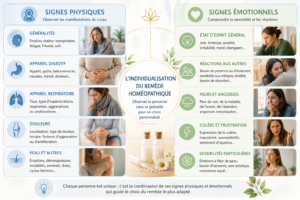 Tableau stylisé des signes physiques et émotionnels utilisés pour individualiser un remède homéopathique