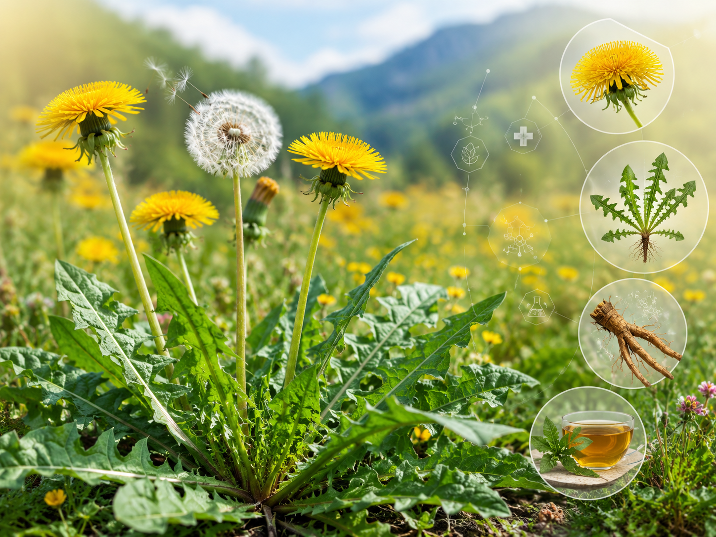 fleurs de pissenlit Taraxacum officinale en prairie, feuilles en rosette au premier plan