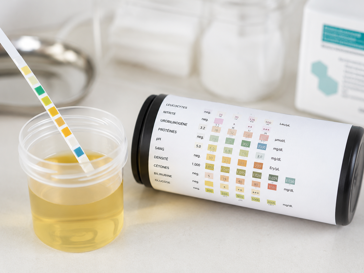 Bandelette urinaire multiparamètre trempée dans un échantillon d'urine avec échelle colorimétrique de lecture