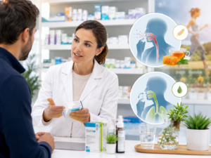 Pharmacienne conseillant un patient sur le traitement de la toux sèche et de la toux grasse