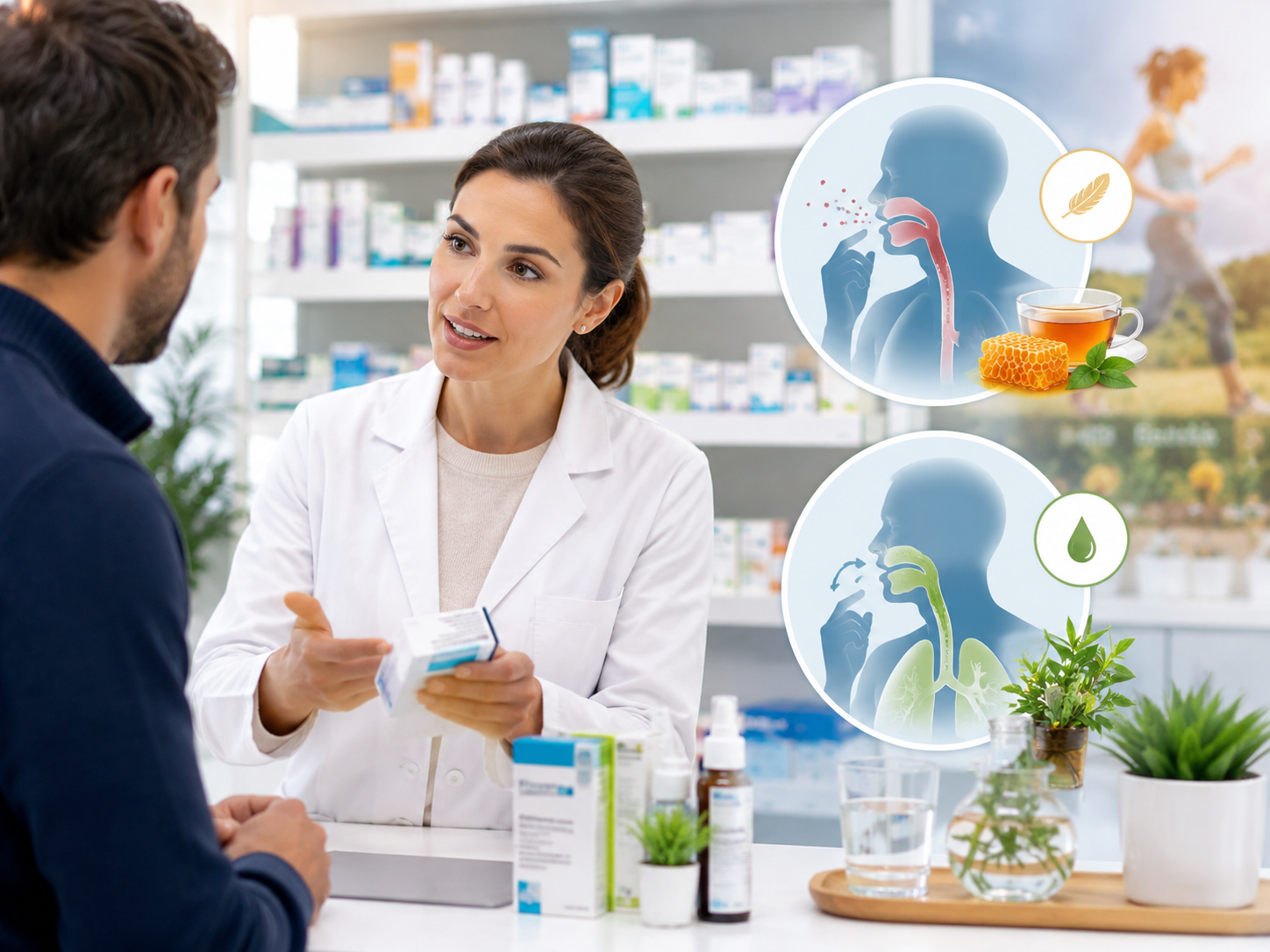 Pharmacienne conseillant un patient sur le traitement de la toux sèche et de la toux grasse