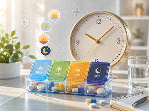 Pilulier et horloge illustrant les moments de prise des médicaments dans la journée