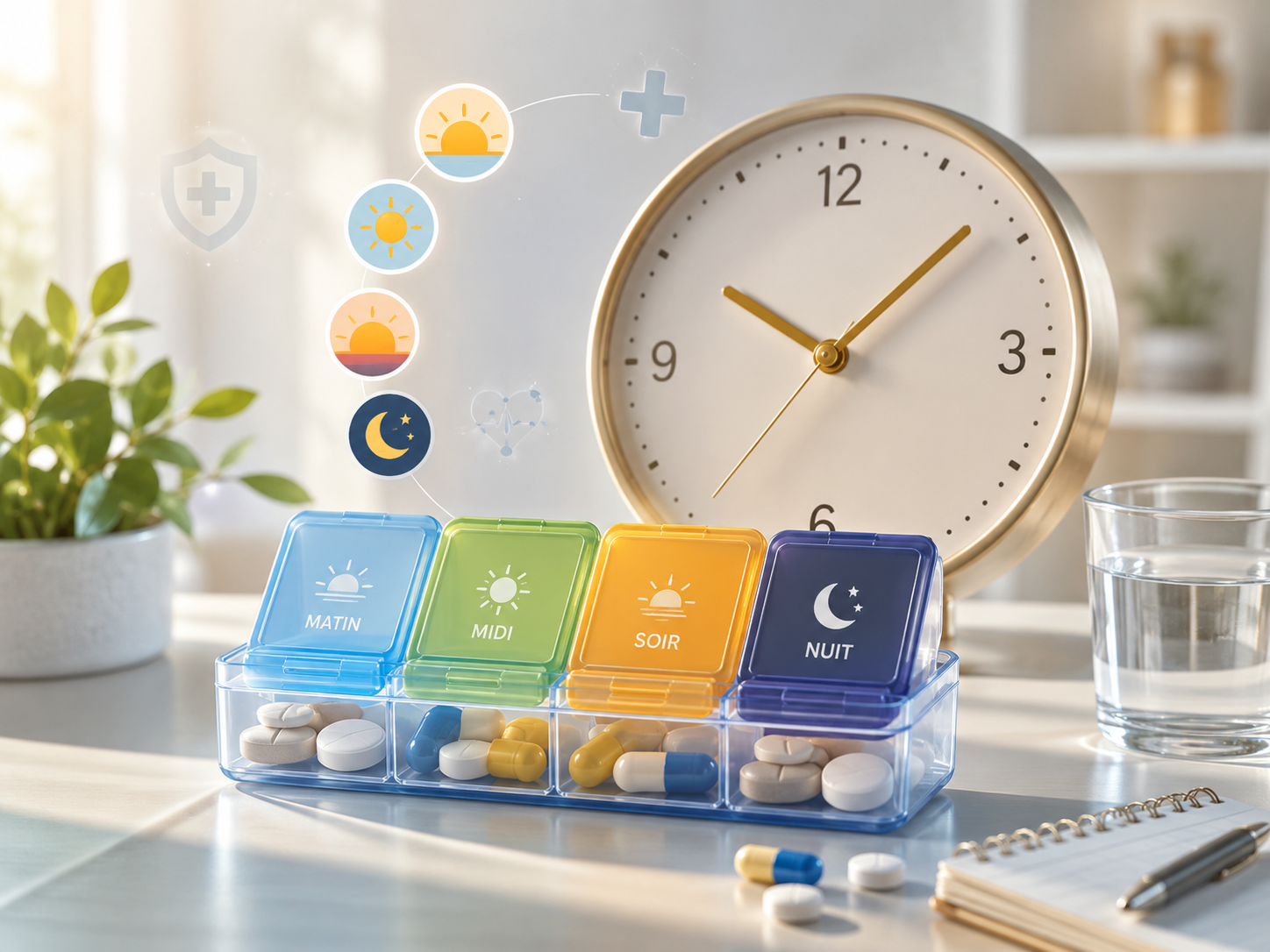 Pilulier et horloge illustrant les moments de prise des médicaments dans la journée