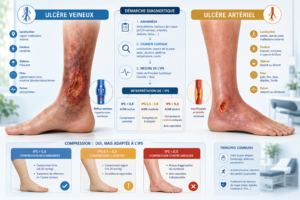 Schéma diagnostic d'un ulcère de jambe veineux versus artériel, avec compression et IPS