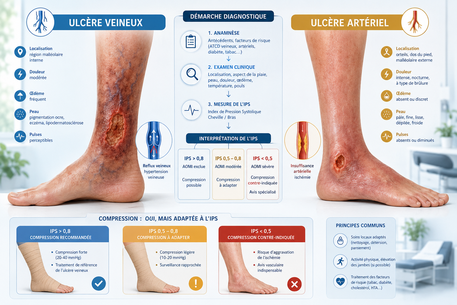 Schéma diagnostic d'un ulcère de jambe veineux versus artériel, avec compression et IPS
