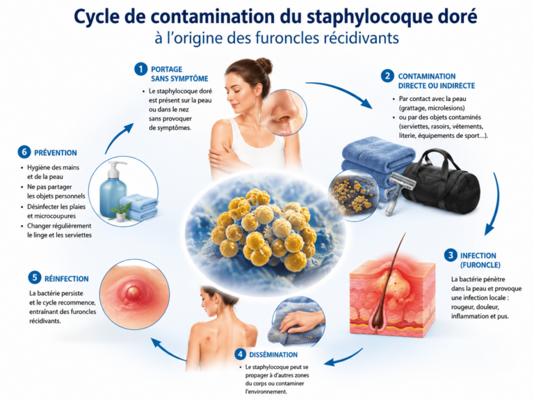 Schéma du cycle de contamination du staphylocoque doré à l'origine des furoncles récidivants