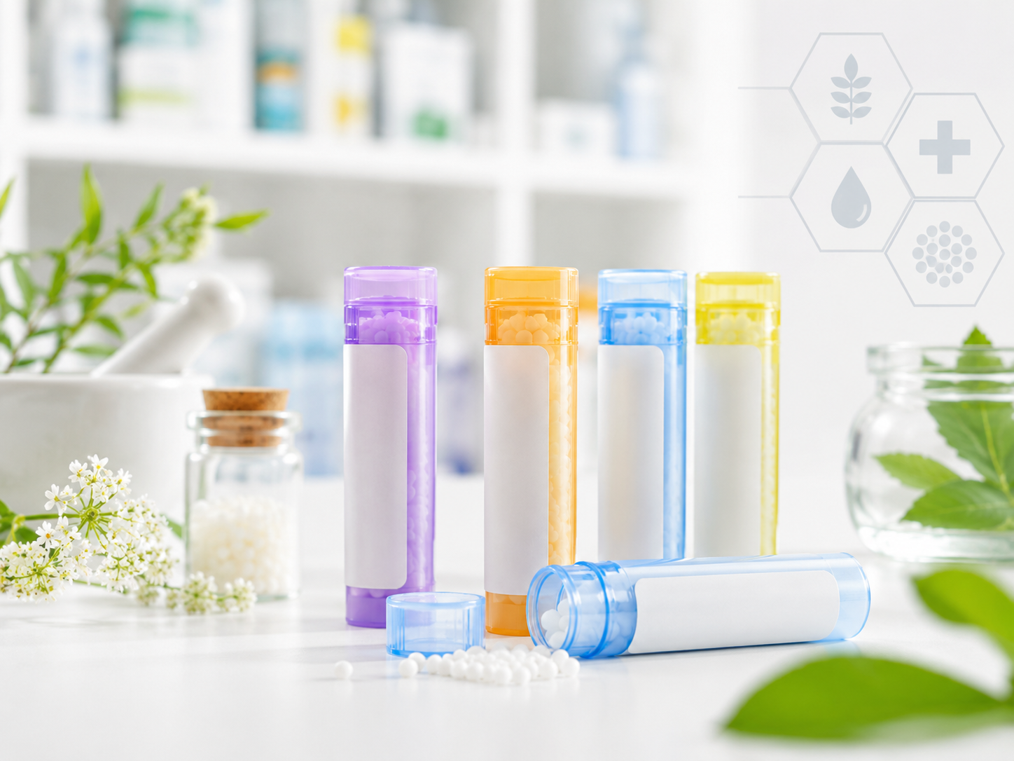 Tubes de granules homéopathiques posés sur un comptoir de pharmacie, fond blanc épuré