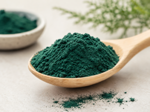 algue spiruline en poudre bleue-verte dans une cuillère en bois sur fond neutre