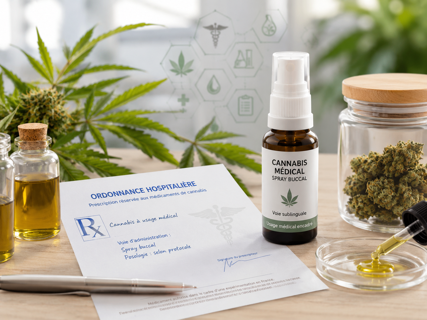 Fleurs et extraits de cannabis médical à côté d'une ordonnance hospitalière et d'un flacon de spray buccal, illustrant l'usage thérapeutique encadré du cannabis en France