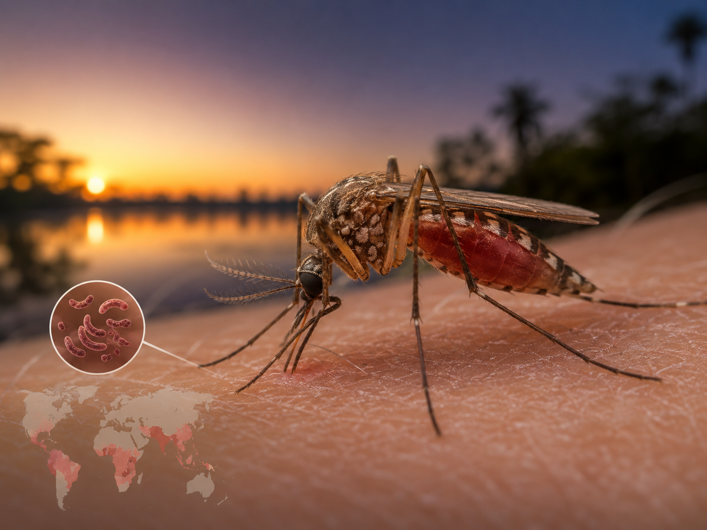 Moustique anophèle femelle piquant la peau, vecteur du paludisme, au crépuscule
