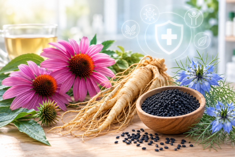Plantes immunostimulantes échinacée, ginseng et nigelle utilisées en phytothérapie pour l'immunité