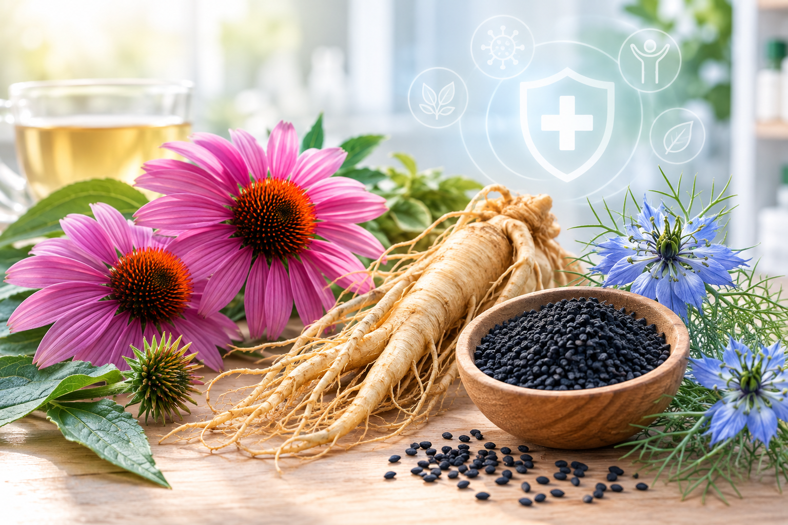 Plantes immunostimulantes échinacée, ginseng et nigelle utilisées en phytothérapie pour l'immunité
