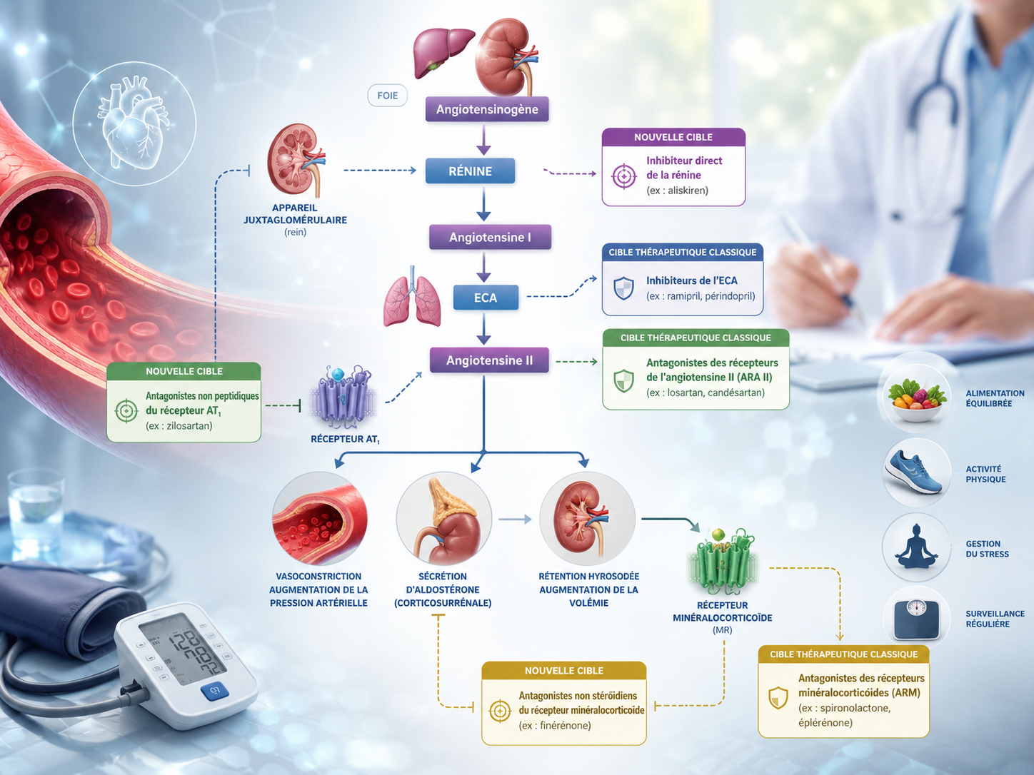 Schéma du système rénine-angiotensine-aldostérone illustrant les nouvelles cibles thérapeutiques de l'hypertension artérielle