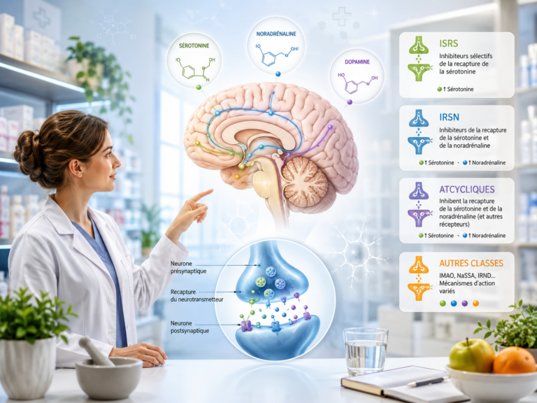 antidépresseurs classes mécanismes neurotransmetteurs schéma pharmacien