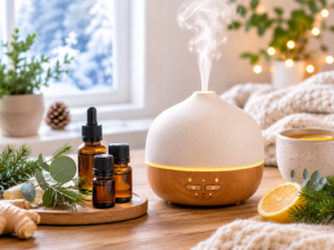 diffuseur d'huiles essentielles antivirales sur un plan de travail en bois, ambiance hivernale